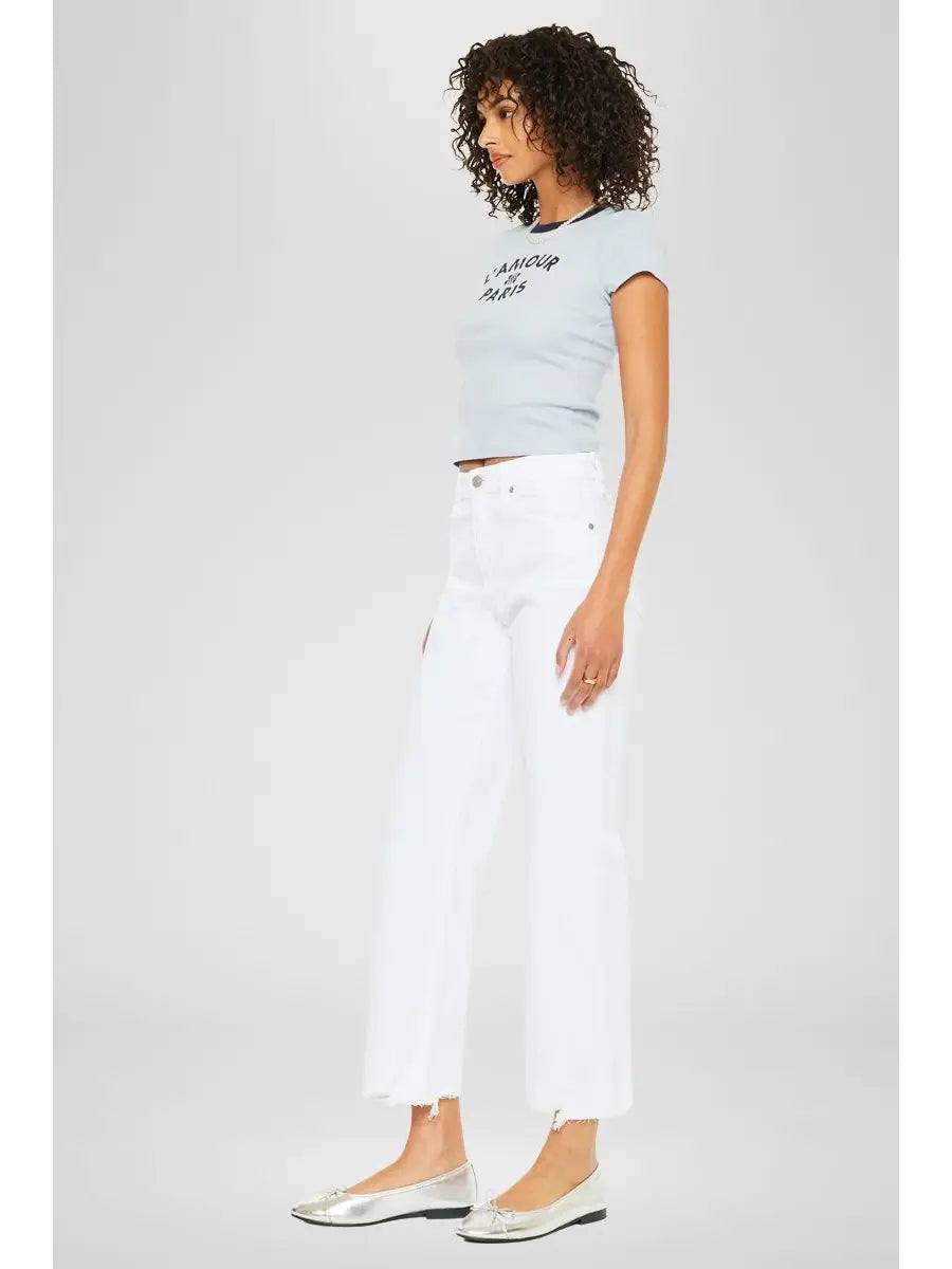 High Rise Slim Wide Leg White Jeans with Raw Hem