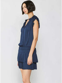 Navy Satin Ruffle Sleeve Tiered Mini Dress with Smocked Waist
