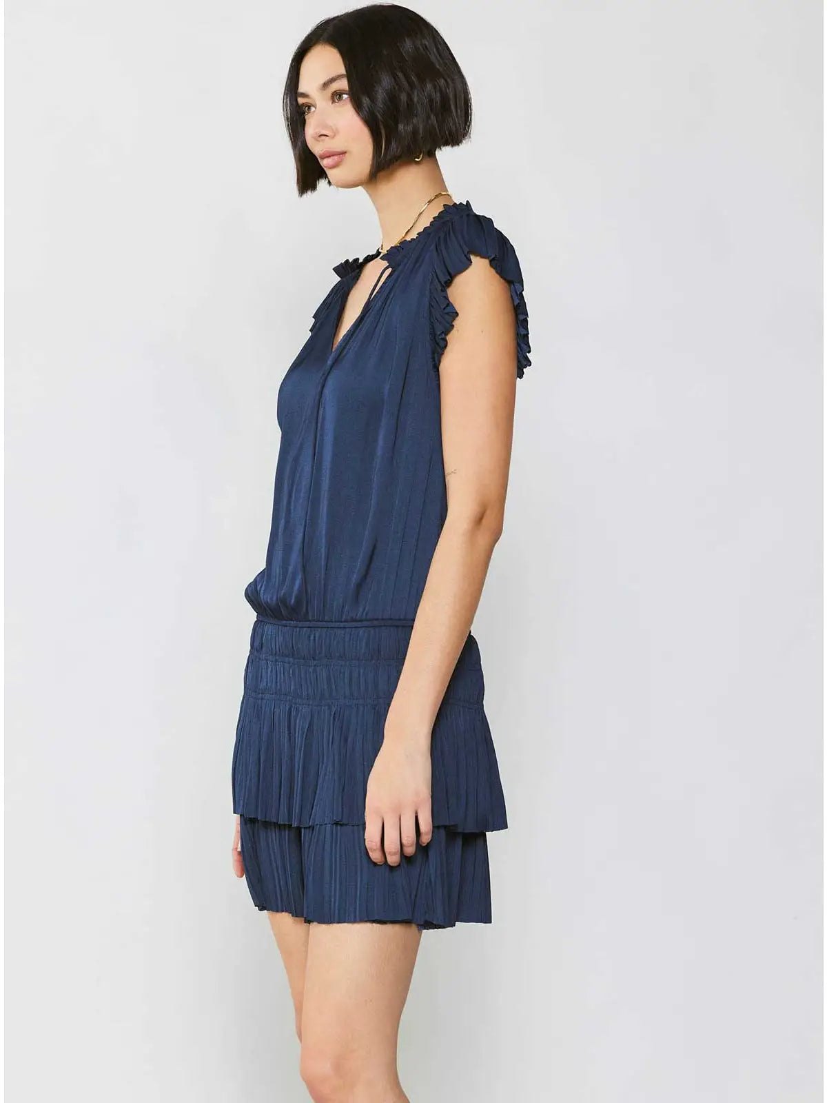 Navy Satin Ruffle Sleeve Tiered Mini Dress with Smocked Waist