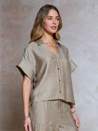 Nude Textured Button Front Short Sleeve Blouse