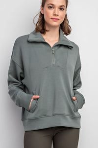 Modal Poly Span Quarter Zip Mock Neck Pullover in Green