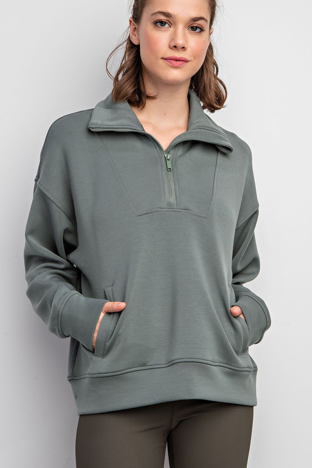 Modal Poly Span Quarter Zip Mock Neck Pullover in Green