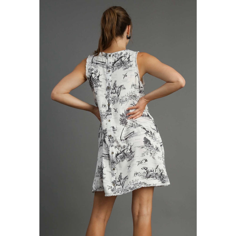 Toile Print Sleeveless Mini Dress in Black and White