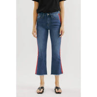 High Rise Cropped Flare Jeans with Contrast Side Stripe Detail