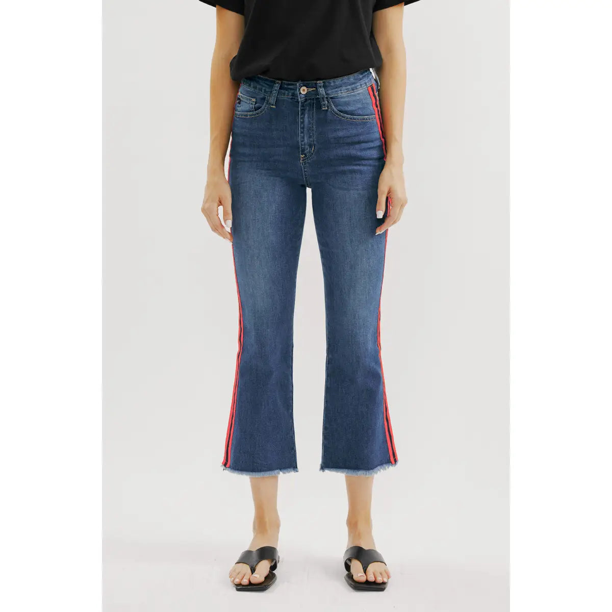 High Rise Cropped Flare Jeans with Contrast Side Stripe Detail