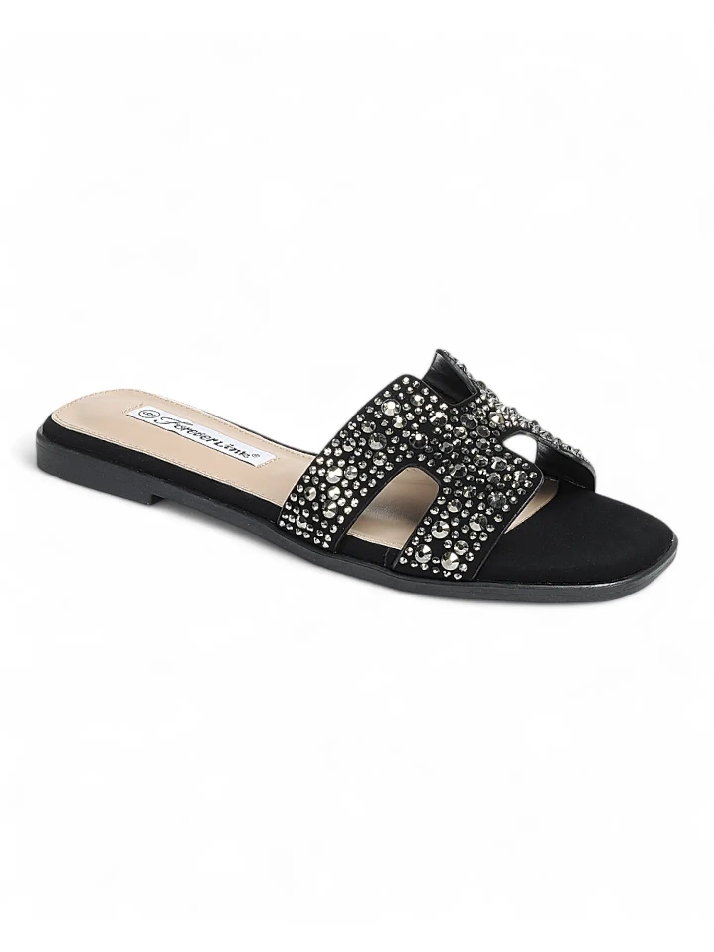 Black Rhinestone Embellished Cutout Flat Slide Sandals