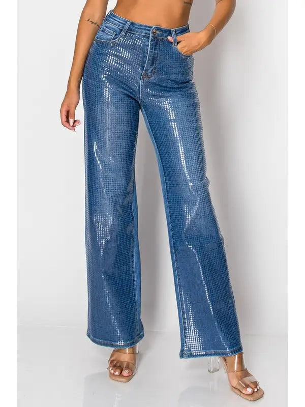 Sequin High-Waisted Flare Jeans