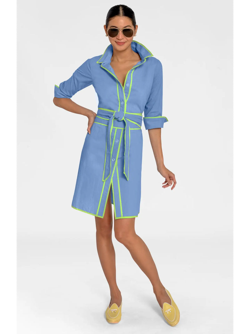 Button-Front Sky Blue Trimmed Short Shirt Dress