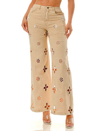 Beige Wide Leg Jeans with Pearl-Embellished Cutout Floral Detailing