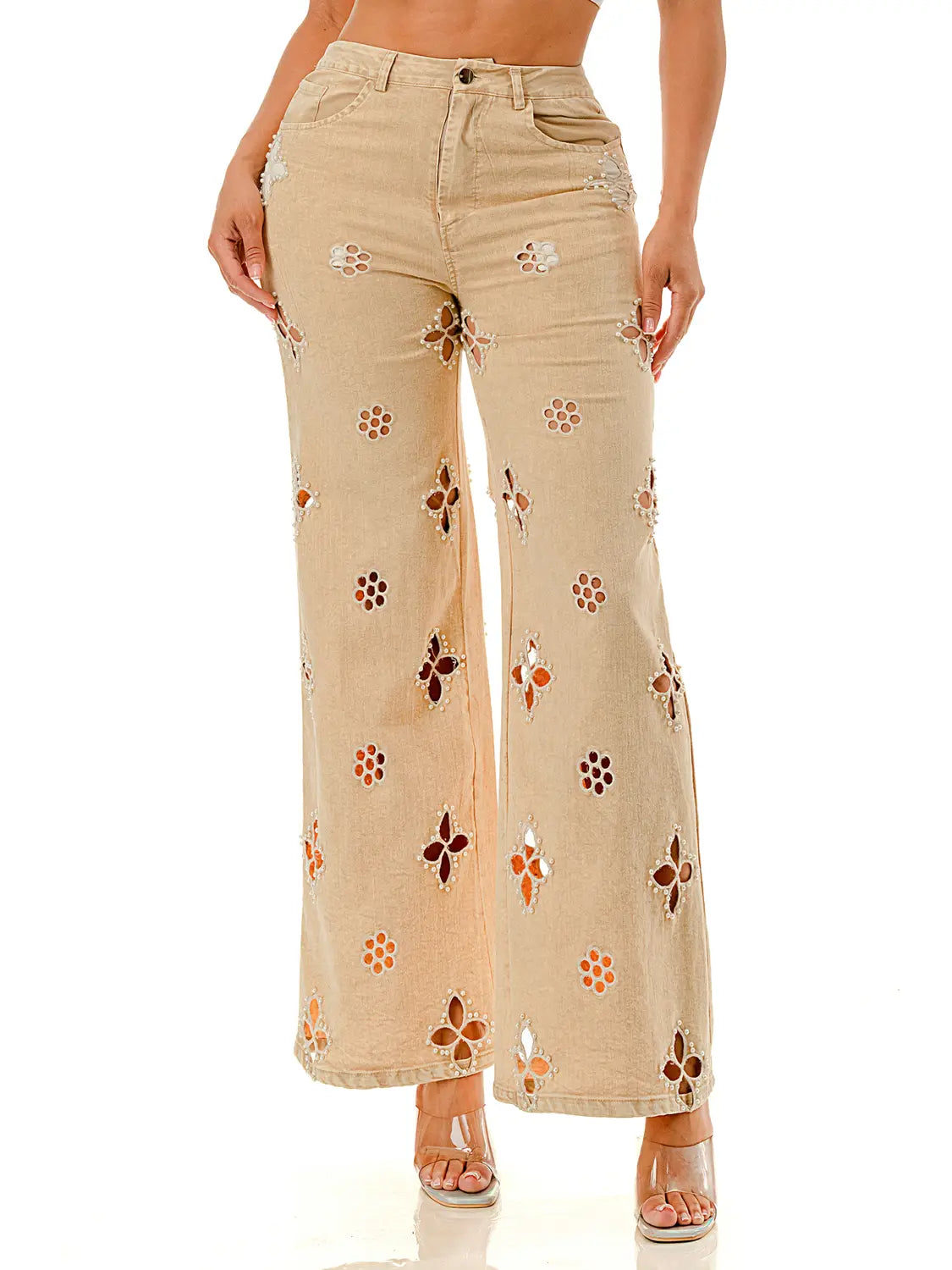 Beige Wide Leg Jeans with Pearl-Embellished Cutout Floral Detailing