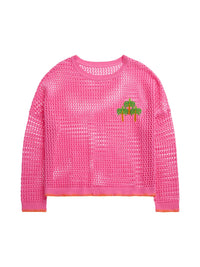Pink Open Knit Palm Embroidered Lightweight Sweater