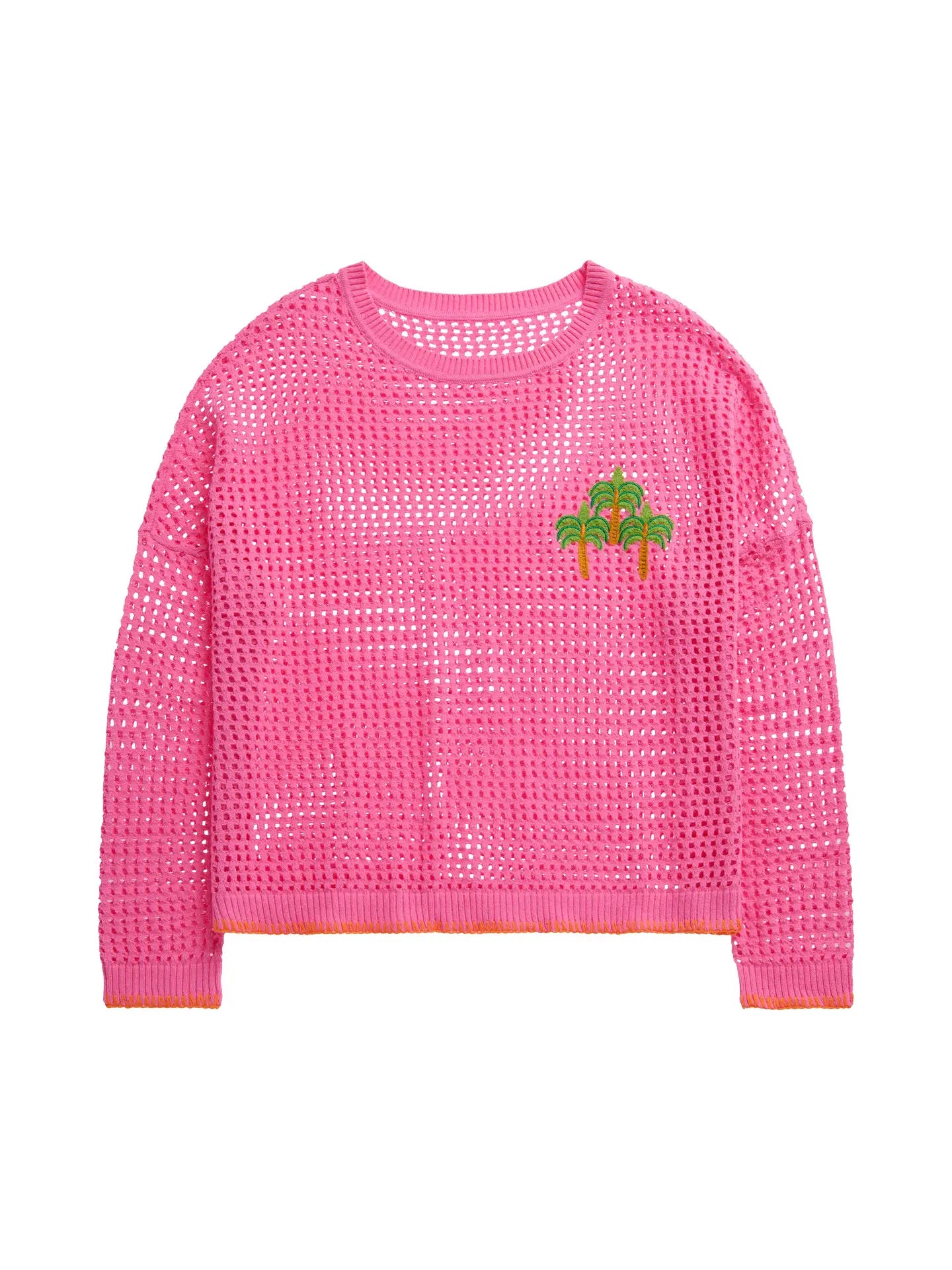 Pink Open Knit Palm Embroidered Lightweight Sweater