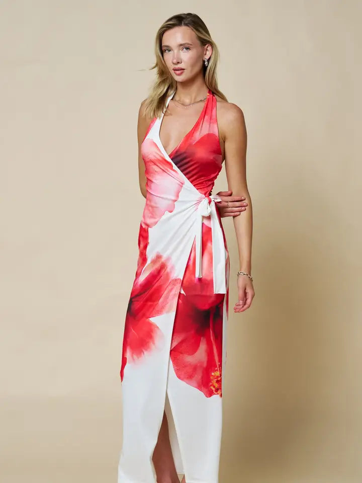 Red Floral Halter Wrap Maxi Dress with Side Tie and Front Slit