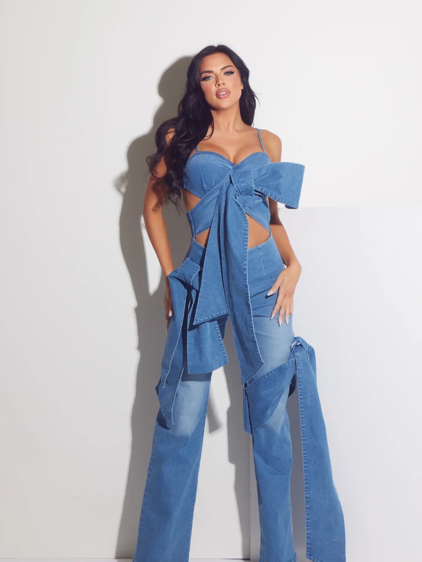 Denim Wide Leg Jumpsuit with Oversized Bow Detail