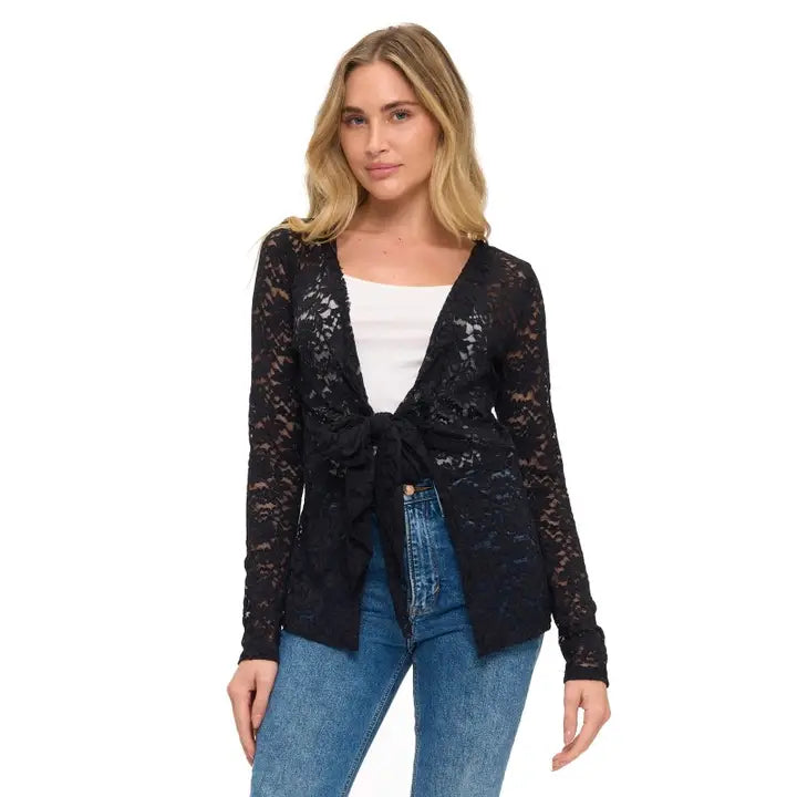 Black Sheer Lace Tie-Front Cardigan Top with Long Sleeves