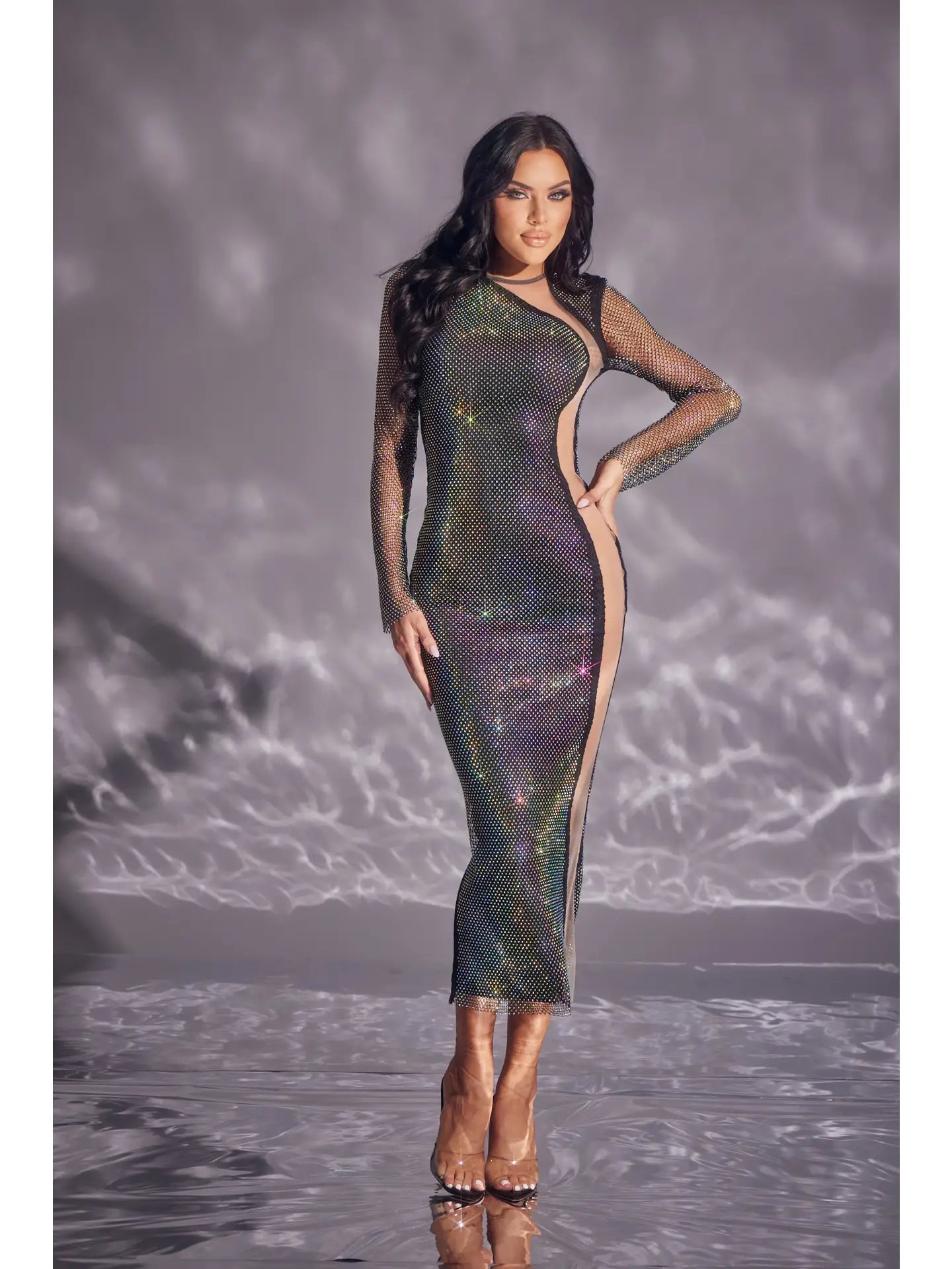 Sheer Mesh Iridescent Midi Dress with Asymmetric Cut-Out Sheer Mesh Iridescent Midi Dress with Asymmetric Cut-Out
