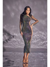 Sheer Mesh Iridescent Midi Dress with Asymmetric Cut-Out