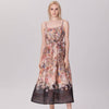 Floral Organza Midi Dress with Spaghetti Straps and Waist Tie
