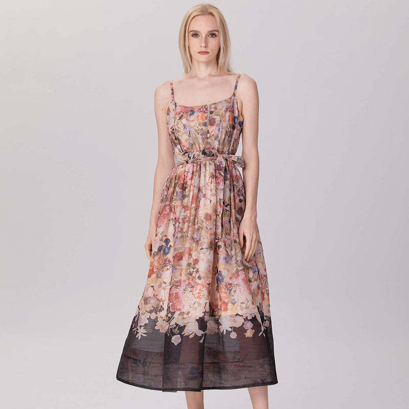 Floral Organza Midi Dress with Spaghetti Straps and Waist Tie