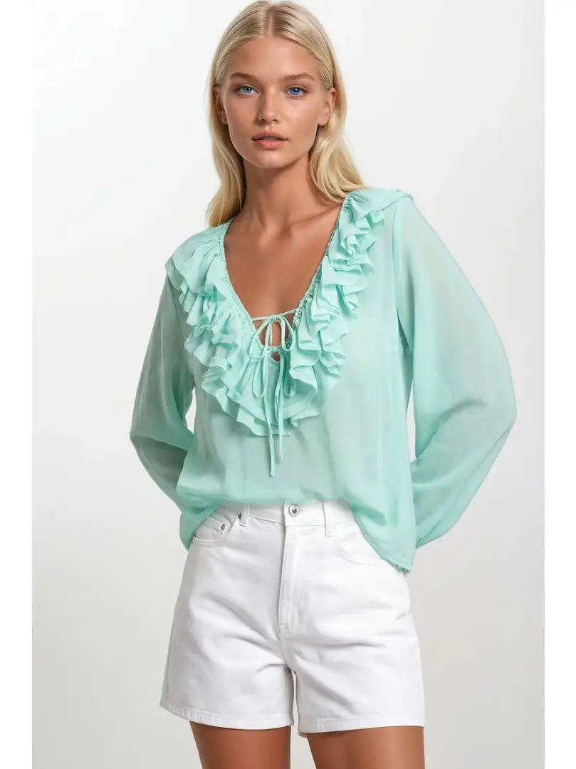 Ruffle Trim Tie Neck Blouse in Mint Green