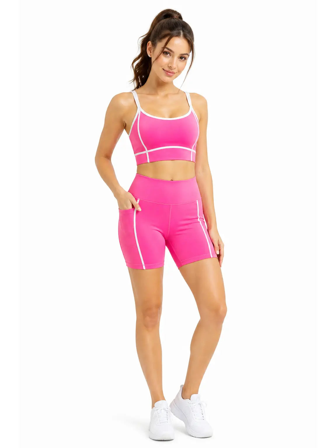 Pink Contrast Trim Active Crop Top & Biker Shorts Set