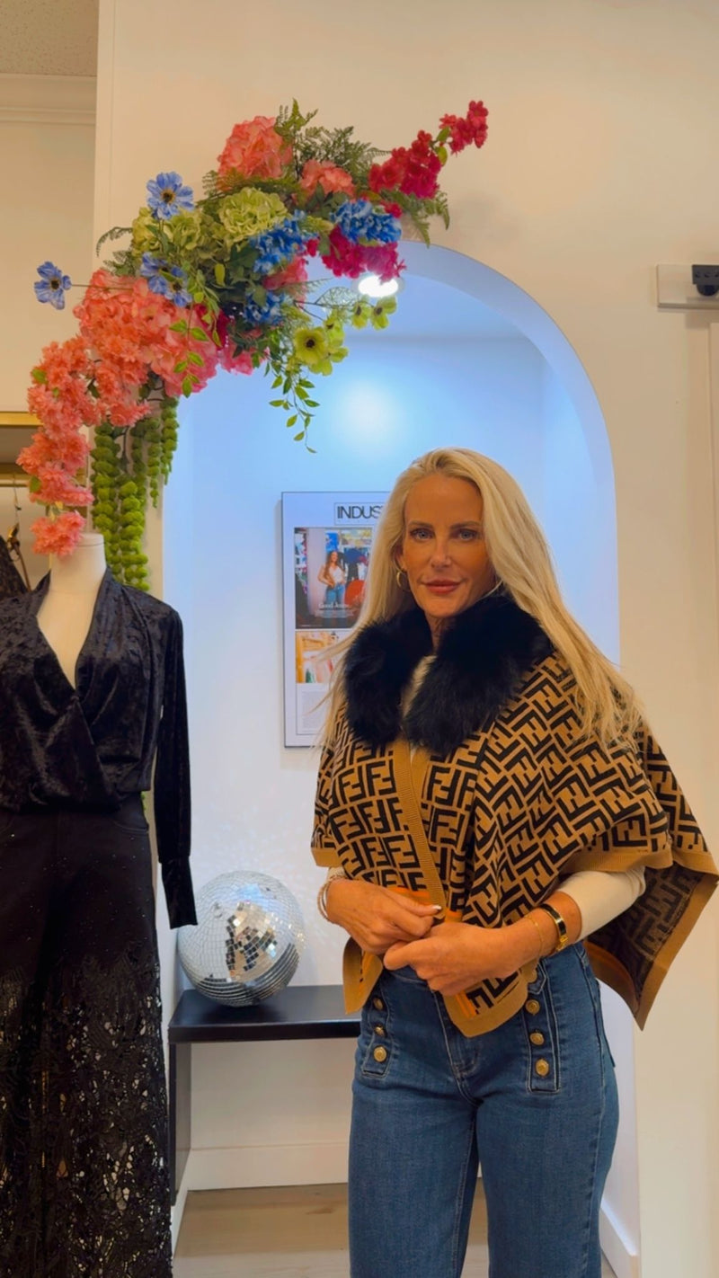 Cape in Cashmere Wool Blend with Black Faux Fur Collar