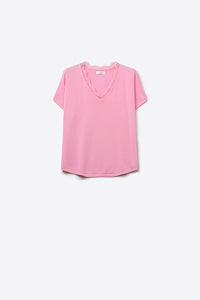Lace Trim V-Neck Short Sleeve Knit Top