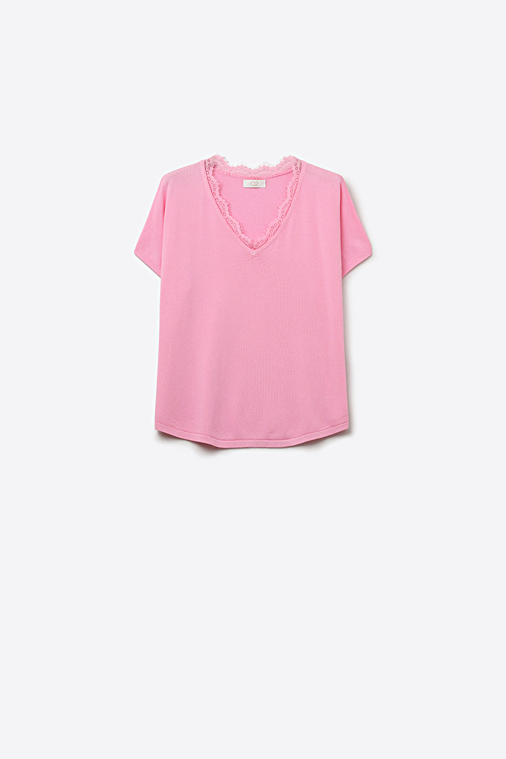 Lace Trim V-Neck Short Sleeve Knit Top