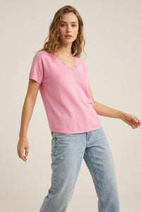 Lace Trim V-Neck Short Sleeve Knit Top