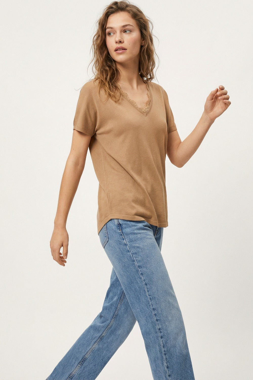 Brown Lace Trim V-Neck Short Sleeve Top