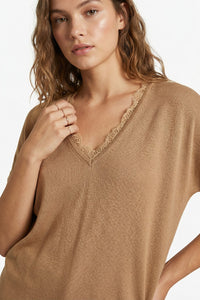 Brown Lace Trim V-Neck Short Sleeve Top