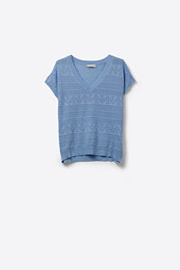 Pointelle Knit V-Neck Short Sleeve Top Blue