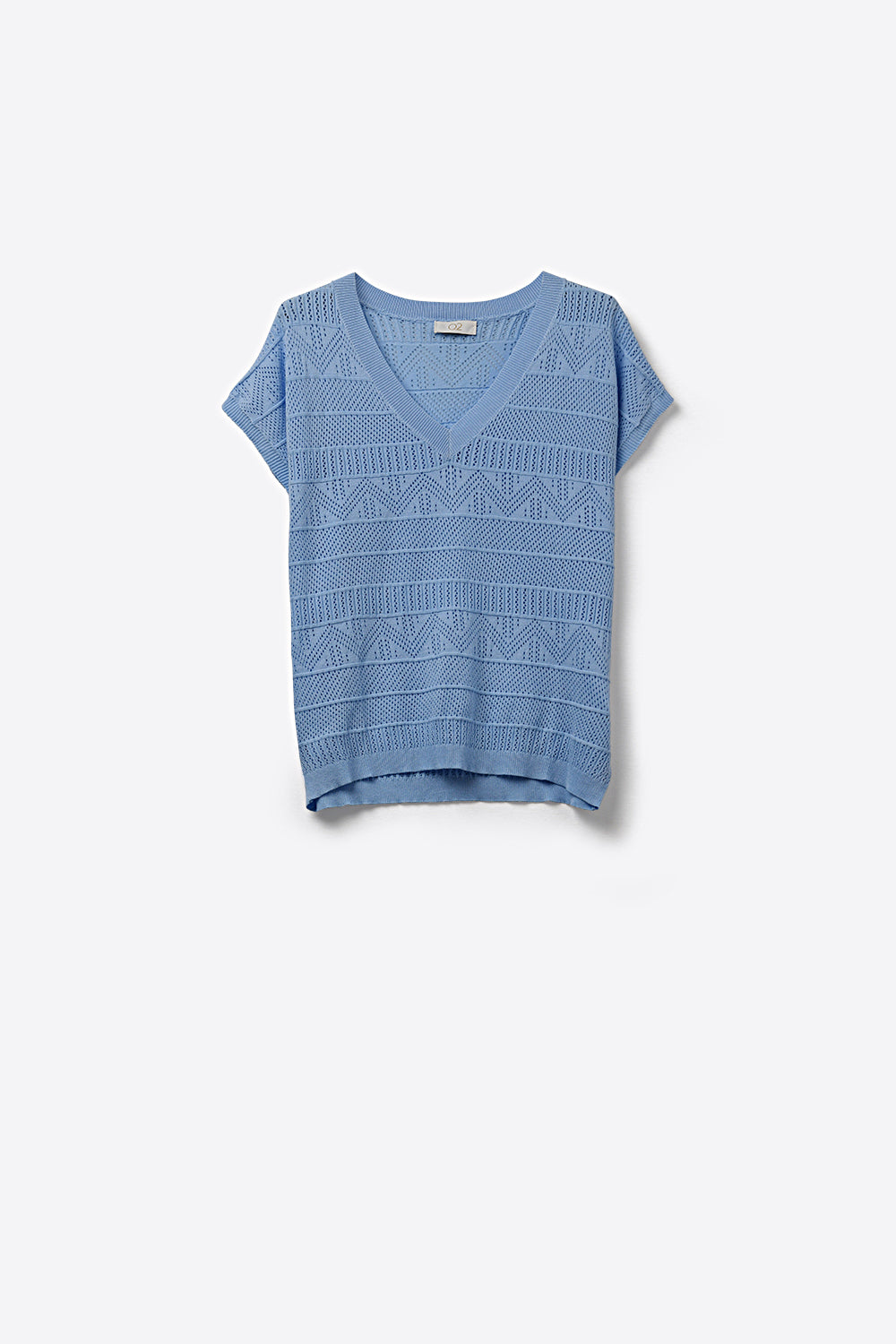 Pointelle Knit V-Neck Short Sleeve Top Blue