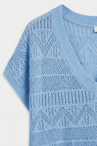 Pointelle Knit V-Neck Short Sleeve Top Blue