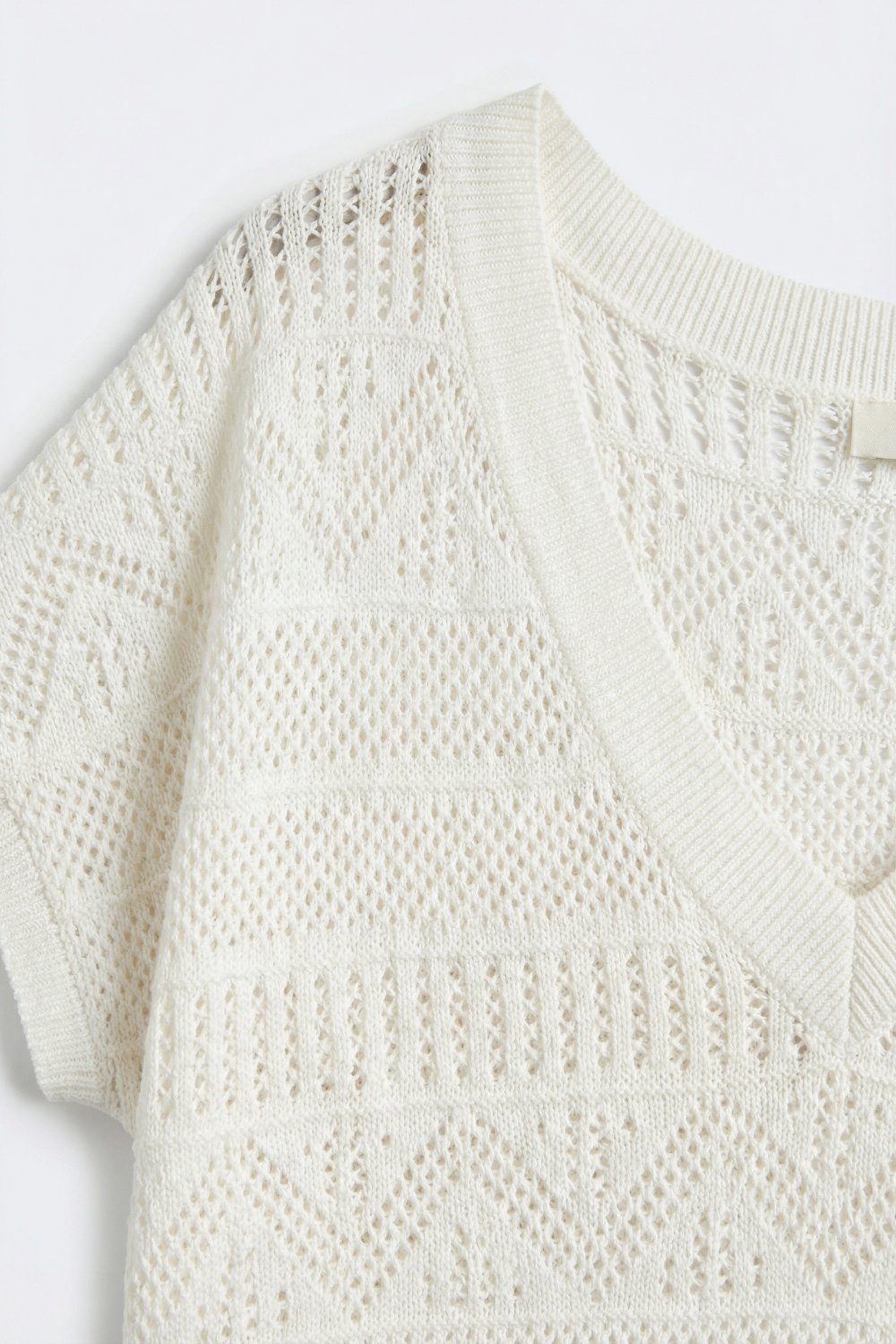 Open Knit V-Neck Short Sleeve Sweater White