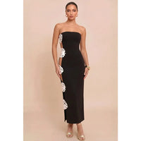 Black Strapless Cutout Floral Appliqué Maxi Dress