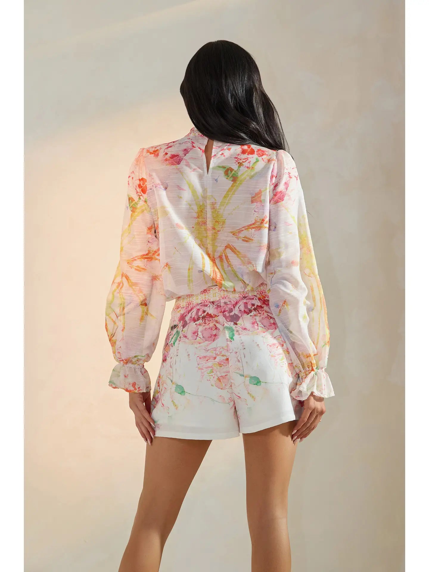 Floral Print Long Sleeve Blouse and High-Waist Shorts Set with Bow Detail