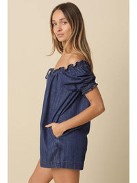 Off-Shoulder Denim Romper with Puff Sleeves and Smocked Neckline
