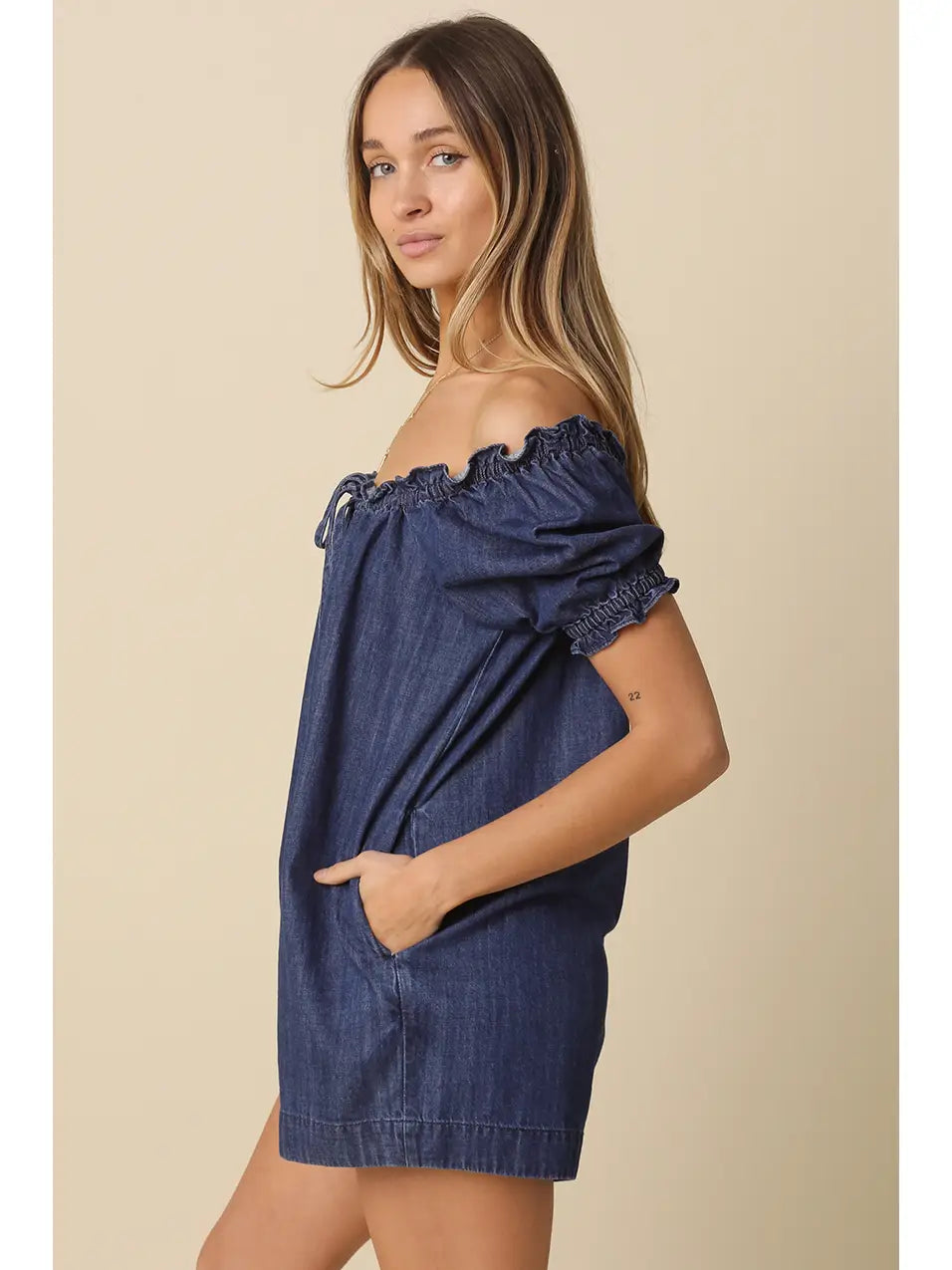 Off-Shoulder Denim Romper with Puff Sleeves and Smocked Neckline