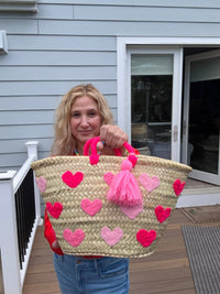 Hand crafted raffia tote bags: Pink hearts