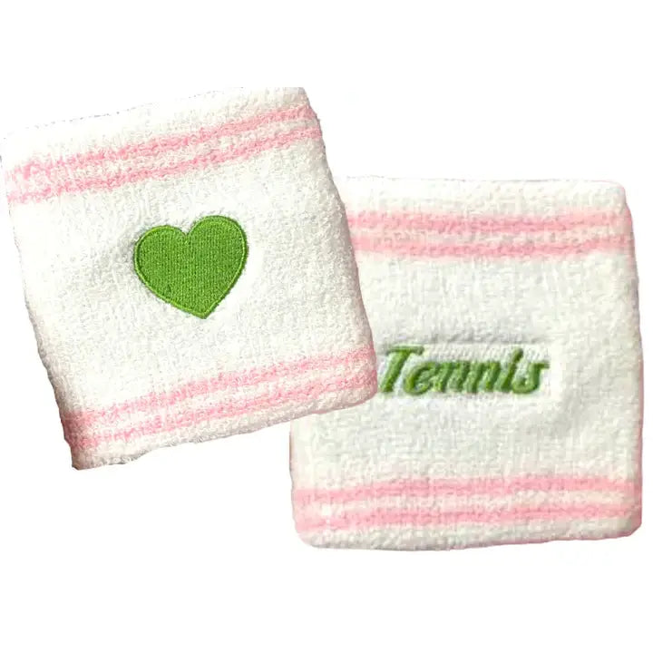 Pink and White Tennis Wristbands with Green Heart