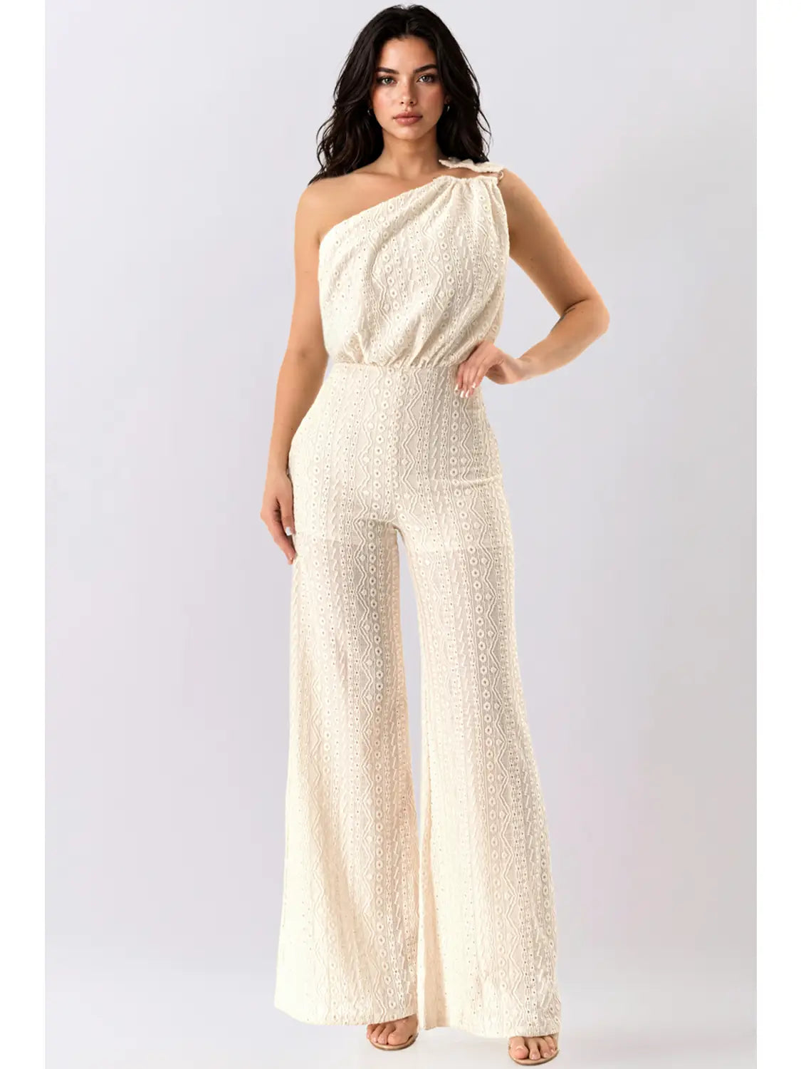 Ivory One-Shoulder Eyelet Lace Wide Leg Jumpsuit