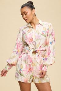 Floral Print Long Sleeve Shirt & Shorts Matching Set