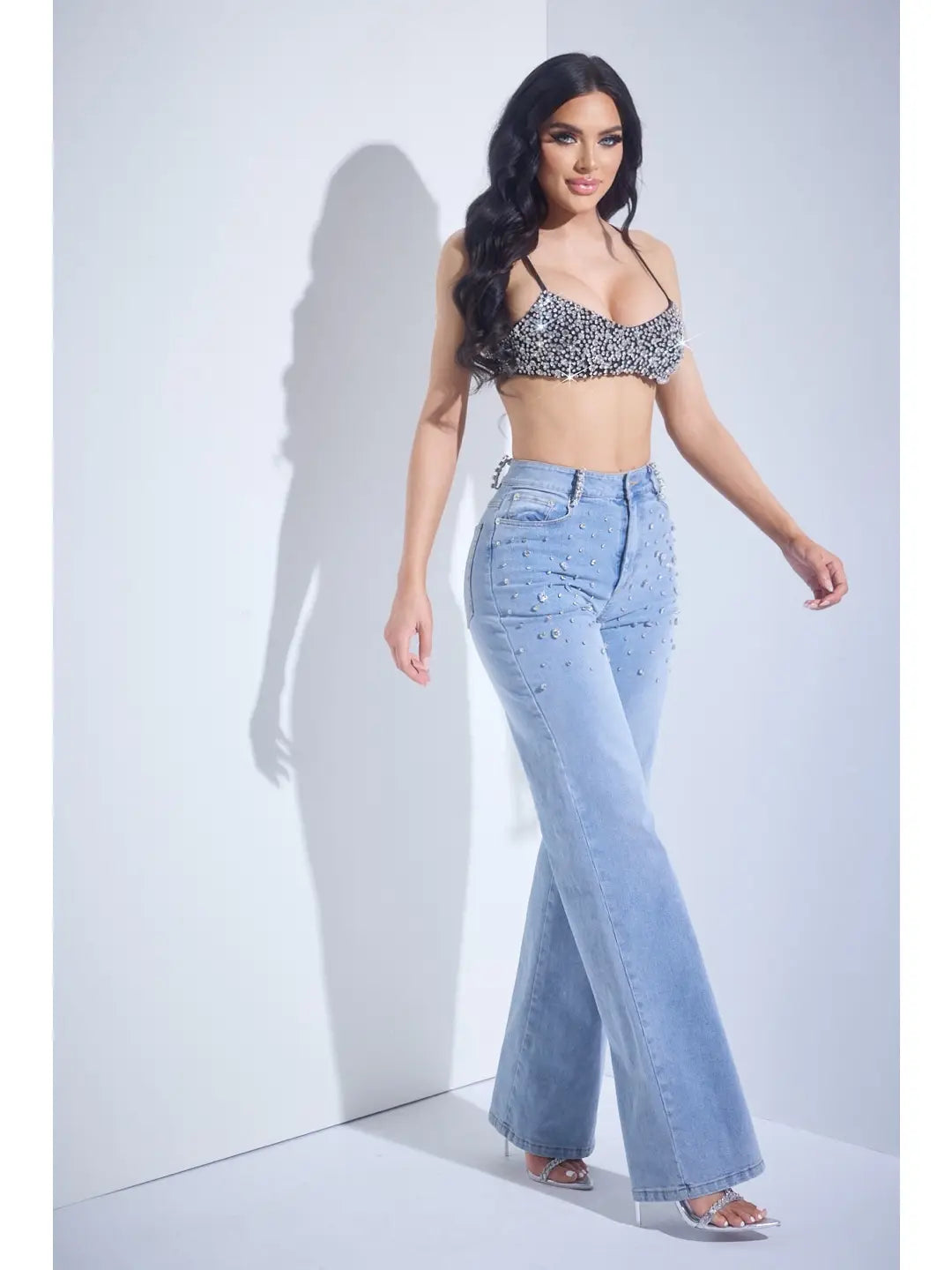 Crystal Stud High-Rise Flare Jeans