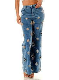 Blue Wide Leg Jeans with Pearl-Embellished Cutout Floral Detailing