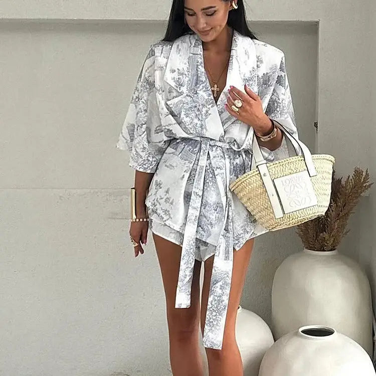 Gray Floral Print Tie Front Crop Top and Matching Shorts Set