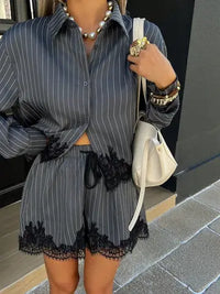 Pinstripe Button Down Shirt & Lace Trim Shorts Matching Set