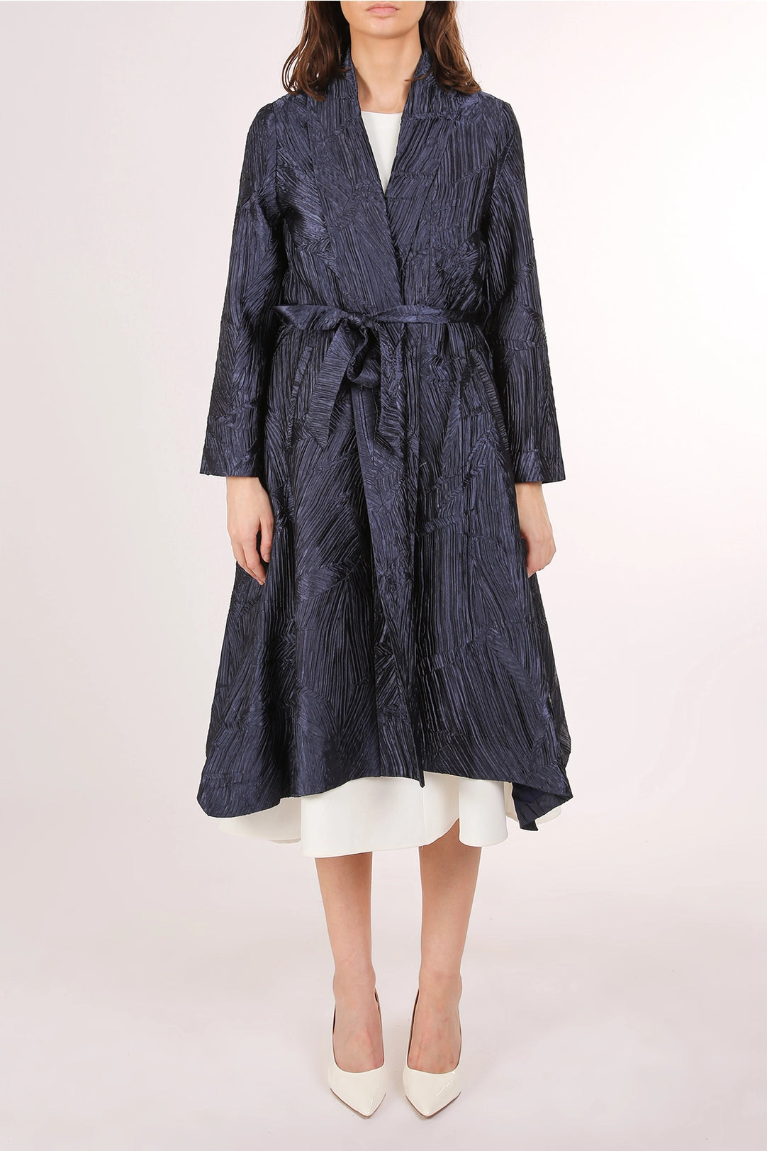 Blue Textured Belted Midi Coat