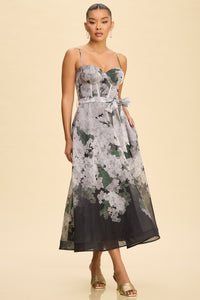 Floral Bustier Tie Waist Midi Dress