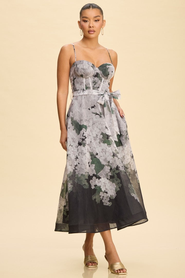 Floral Bustier Tie Waist Midi Dress